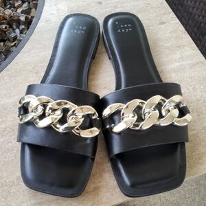 A New Day Black Sandals with Gold Links Size 10
